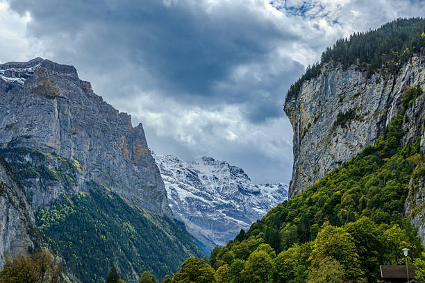 A stunning view framed by two rock cliffs, revealing a snow-covered mountain in the Swiss Alps near Interlaken, Switzerland. Dramatic alpine landscape, natural beauty, adventure and travel destination.