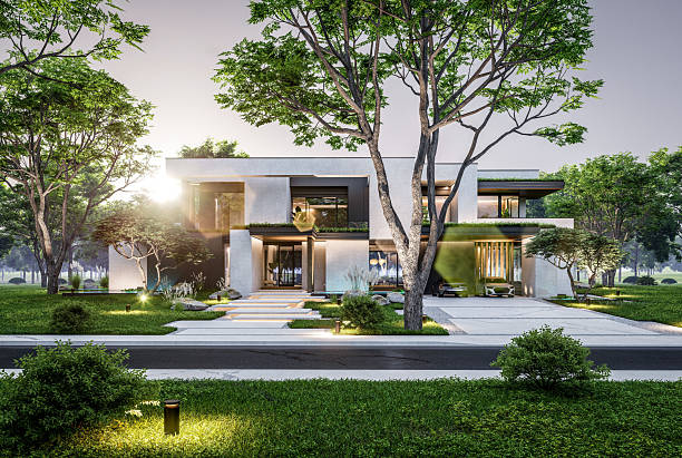 istock 3d rendering of two-story house with concrete facade in evening 2247109827