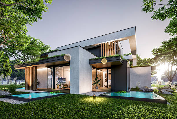 istock 3d rendering of two-story house with concrete facade in evening 2247109859