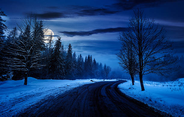 istock winding road through winter forest at night 2247109911