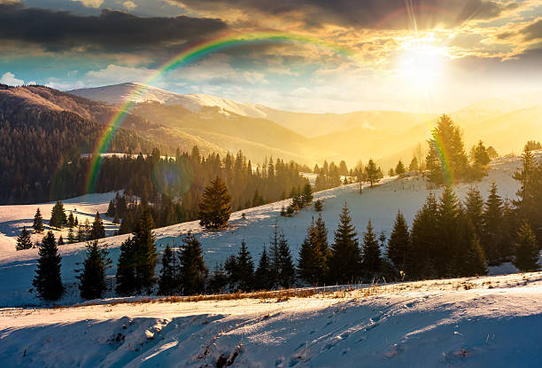 istock spruce forested hills of mountain ridge in winter at sunset 2247110125