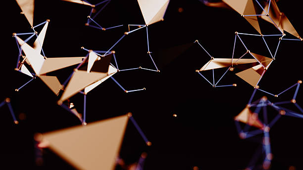 Dark abstract polygonal background with golden low poly shapes and connecting lines, futuristic technology network for sci fi interface, fintech, crypto, artificial intelligence themes. 3d rendering