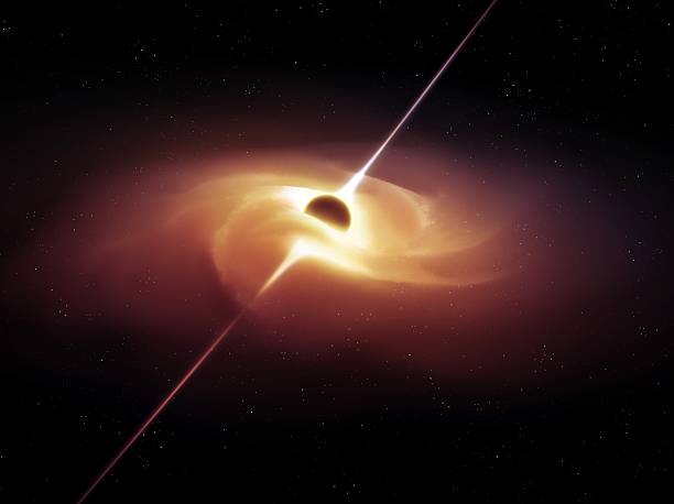 Quasar with energetic jets in space. Active galactic nucleus with supermassive black hole and accretion disk.
