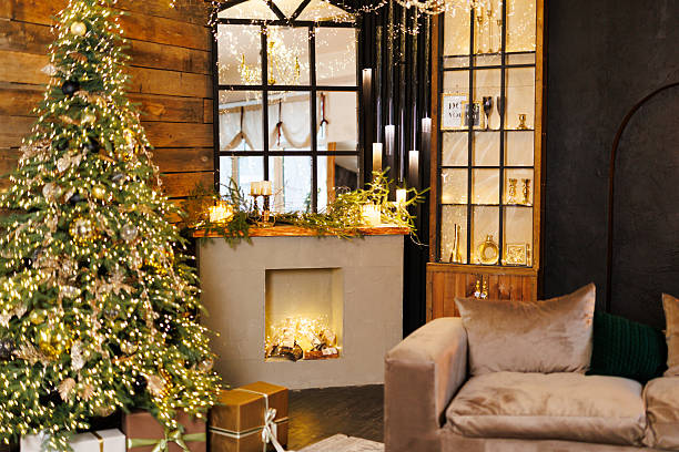 istock Cozy Christmas Bedroom Interior with Festive Lights and Decorated Tree 2247111747