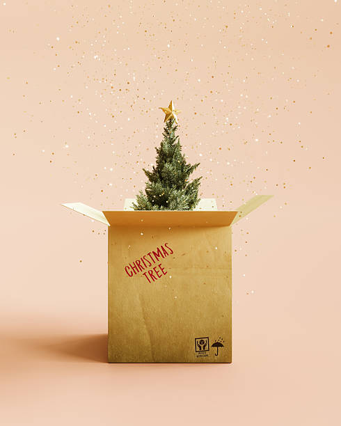 Festive Christmas tree emerging from an open cardboard box against a soft pastel pink background. Time for Christmas. 3D Rendering, 3D Illustration