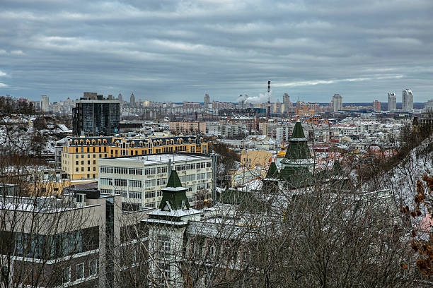 Kyiv Podil district panoramic winter view with green towers.