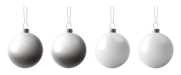 istock Christmas ball ornament, 3d decorations silver bauble. Bulb xmas toy elements isolated on white bg. Bright decor hanging on ribbon, light realistic new year. Glass glossy foil sphere, sparkle noel set 2247123301