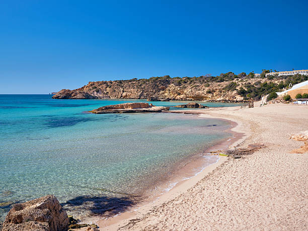 Wide-angle view of the beach of Cala Tarida, located on the western coast of Ibiza, renowned for its crystal-clear waters and pearly sands. The dazzling bright light of a Mediterranean noon, a perfectly clear sky, colourful cliffs dotted with lush pine trees and a wide variety of Mediterranean plants, the gentle splashing of the waves on the shore. High level of detail, natural rendition, realistic feel. Developed from RAW.