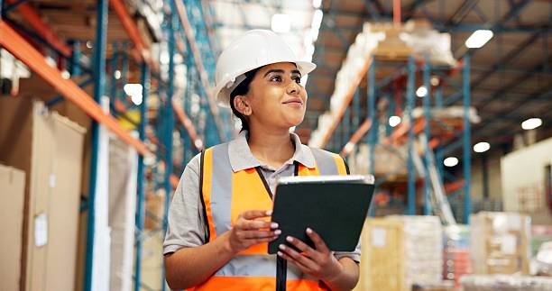 istock Warehouse, supervisor and woman with tablet, supply chain and stock inventory with web or logistics. Shipping, factory and person with tech for quality assurance, think and planning for distribution 2247125542
