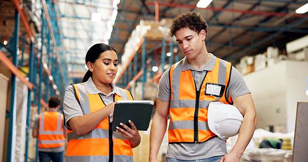 istock Warehouse, shipping and people on tablet for supply chain, delivery schedule and inventory checklist. Distribution, teamwork and workers on digital tech for online logistics, meeting and inspection 2247125548