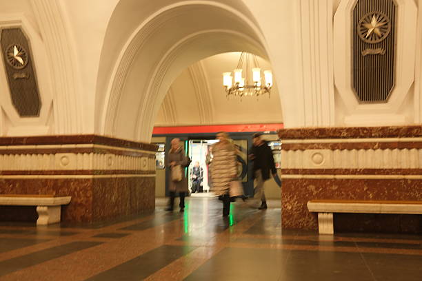 People getting out of metro wagon, Moscow metro station, underground metro, public transportation