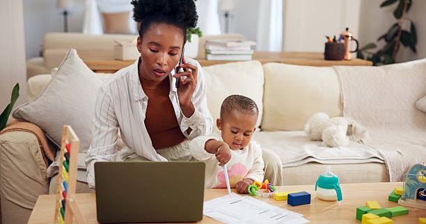 istock Phone call, toddler or mother with laptop for remote work,  transaction confirmation or account management. Bookkeeping, parenthood or woman with girl to check statement, drawing or tech for payroll 2247128193