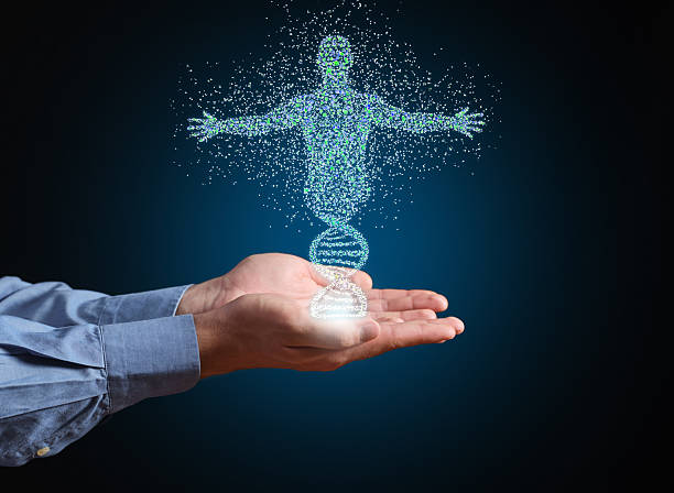 istock Human body DNA glowing hologram in hands 2247139615