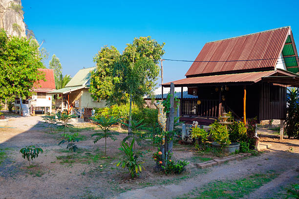 Simple wooden homes of thai monks around temple in rural village Parangmee in province of Phitsanulok. Homes are wooden and on grounds below large rock hill. Grounds are also serving as meditation center. Inside of large rock is a cave with large sleeping buddha statue