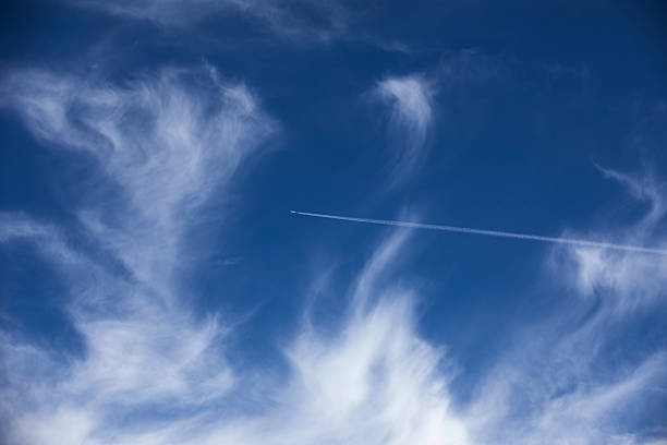 Minimalist blue sky featuring elegant high-altitude cirrus swept by wind, intersected by a fine airplane contrail and tiny jet point. Clean composition with abundant copy space conveys themes of travel, freedom, aviation, future, and clarity. Ideal for website heroes, ads, editorial features, and presentations. No people; horizontal, full frame.