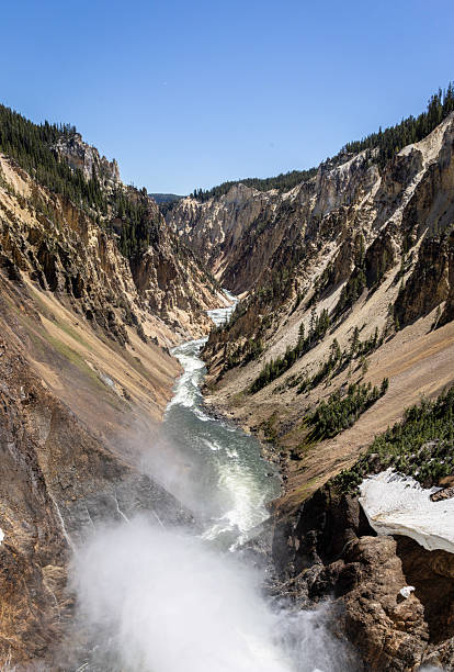 A breathtaking view from the edge of Lower Falls in Yellowstone National Park, Wyoming. The canyon walls rise steeply, a turquoise river rushes below, and a veil of mist creates a sense of awe and nature’s raw power. Perfect for travel, adventure, and outdoor nature themes.
