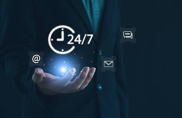 istock 24-7 customer support and communication concept showing businessman holding glowing digital icons representing call, chat, email, and contact channels for business assistance and online service. 2247147165