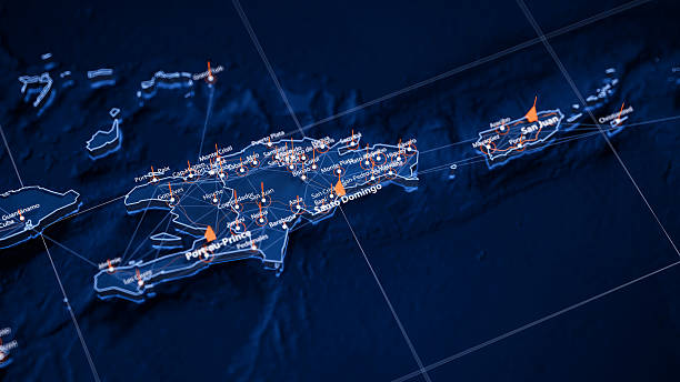istock Santo Domingo map big data visualization. Futuristic map infographic of city in Dominican Republic. Visual map data complexity in modern blue and orange colors 2247147632