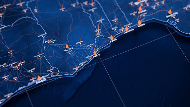 istock Accra map big data visualization. Futuristic map infographic of city in Ghana. Visual map data complexity in modern blue and orange colors 2247147735