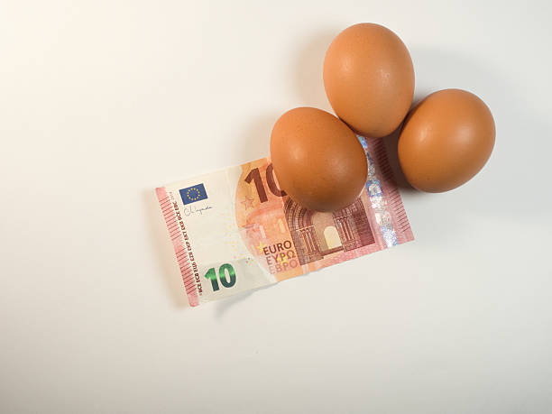 istock Eggs and 10 Euro Bill - Three brown chicken eggs rest on a 10 Euro banknote, symbolizing food costs, inflation, and the economy on a white background. 2247149687