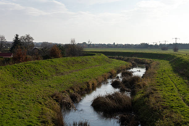 istock Scenic view of a winding stream surrounded by green fields and trees 2247157530