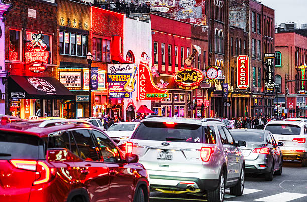 Nashville, Tennessee - Traffic backed up on buys Lower Broadway in downtown Nashville.