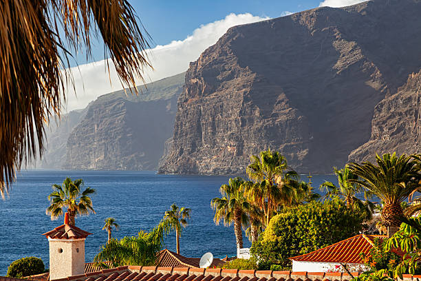 Dramatic cliffs of Los Gigantes rising above the Atlantic Ocean with palms and rooftops in foreground
