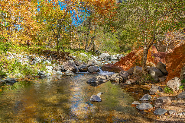 Colorful fall and autumn photos of the Oak Creek and Sedona Arizona area. Images show water river and creek surrounded by golden sunlight yellow red and green leaves and foilage. The sky is blue and filtered sunlight dapples in the shadows. An abandoned red brick building set amongst tall dry grass and a path leading to the front. Stunning scenics along the Oak Creek trail trailhead hiking area. Beautiful and vibrant rock formations and vivid reflections.