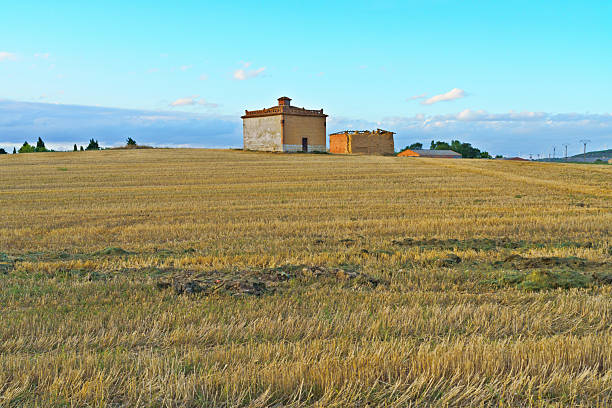 Astudillo dovecote and traditional building standing in a golden stubble field under a clear blue sky, showing rural Spanish landscape