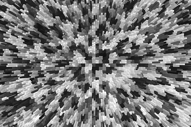 A black and white abstract image showing a radial burst of pixel blocks forming a textured mosaic.