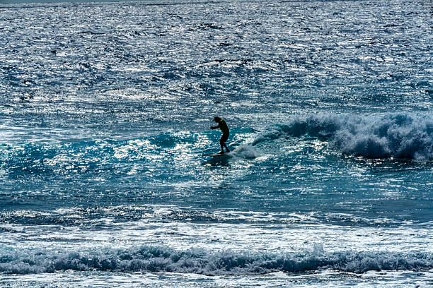 Colorful Surfer Offshore Ship Island Waves Sandy Beach Southeastern Oahu Hawaii. Famouse Surfing beach with Large Shore Break .