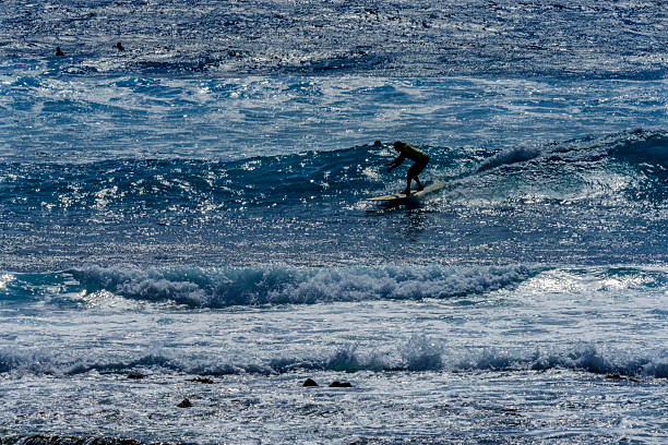 Colorful Surfer Offshore Ship Island Waves Sandy Beach Southeastern Oahu Hawaii. Famouse Surfing beach with Large Shore Break .