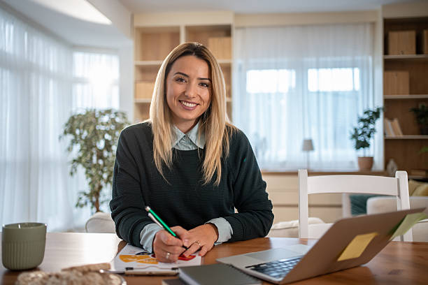 istock Woman smiling working from home with laptop 2247187805