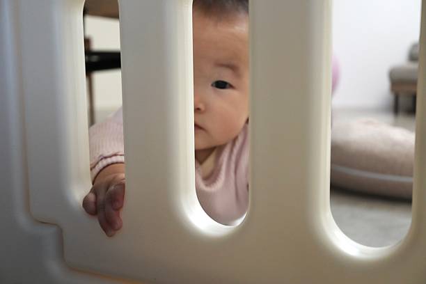 istock A 0-year-old baby peers at us through a baby gate. 2247195569