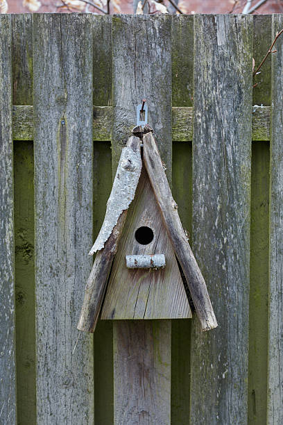 istock Rustic triangular wooden birdhouse against aging wooden fence backdrop with natural weathering textures 2247203063