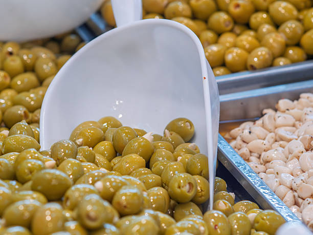 Fresh Green Olives in a Market Display
