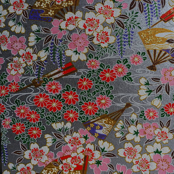 Traditional Japanese decorative pattern featuring cherry blossoms, stylized flowers, and folding fans on a textured background. Inspired by classic kimono textiles and ornamental Asian design.