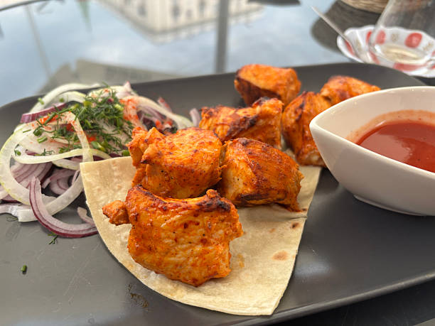 istock Poultry Shish Kebab, Barbecue Shashlik with Thin Pita Bread and Fresh Vegetables 2247209032