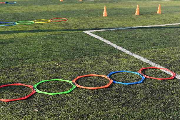 istock soccer equipment sport for training team on artificial grass 2247215300