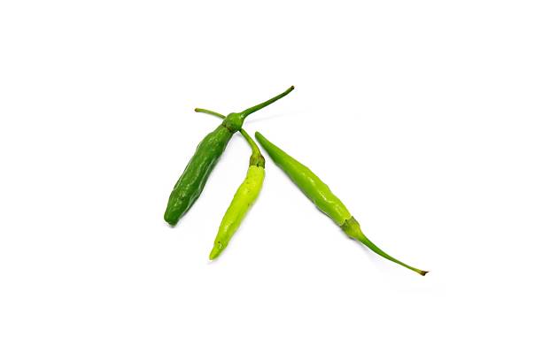Three Fresh Green Bird's Eye Chili Peppers Isolated on White Background, Hot and Spicy Ingredient
