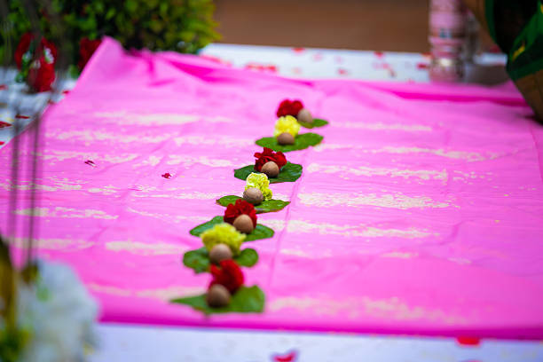 Indian traditional wedding ceremony ritual items close up