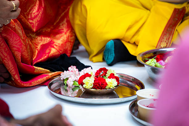 Indian traditional wedding ceremony ritual items close up