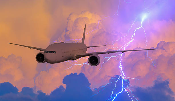istock Airplane in the sky with thunder and lightning 2247230245