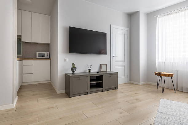 istock Bright Modern Living Room with TV and Minimalist Kitchen 2247233379