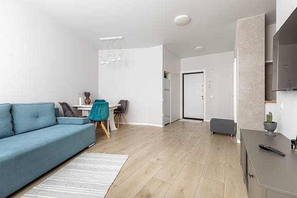 istock Bright Modern Living Room Interior with Blue Sofa and Dining Area 2247233386