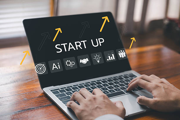 istock startup concept icons on a laptop, illustrating innovation, AI development increases, entrepreneurship, technology solutions. growth strategy for a start-up business. digital business progress success 2247233443