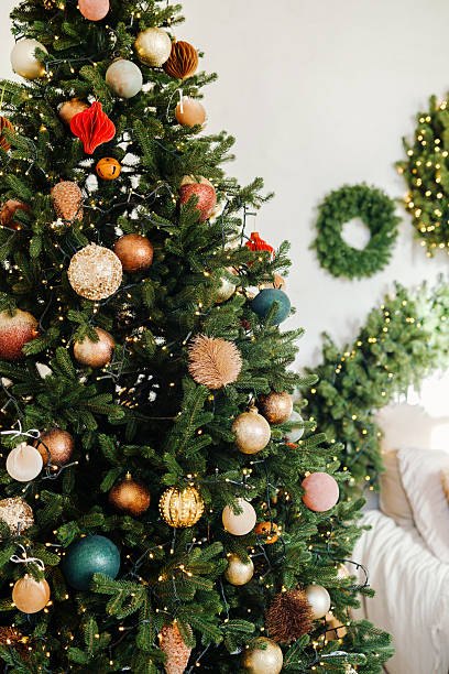 istock Decorated evergreen tree with shiny baubles and warm lights for festive holiday occasions 2247233846