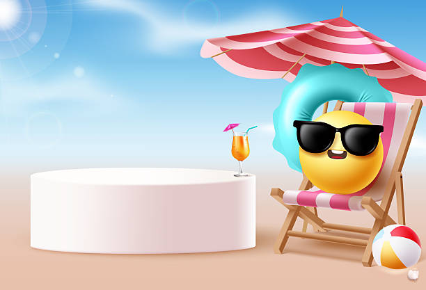 istock Summer white podium clipart template design. Summer podium clip art for tropical promotion display with beach umbrella, chair, cool emoji character 2247236091