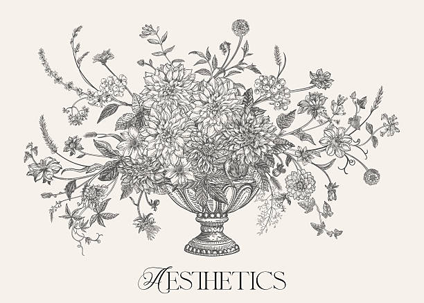 Elegant black-and-white botanical illustration of a lush floral bouquet in a classical urn. Detailed vintage-style drawing with delicate flowers and foliage. Aesthetic designs.