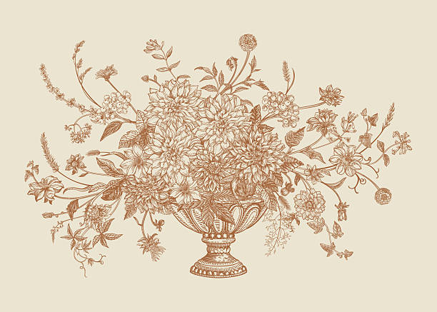Floral arrangement with twisting herbaceous vines, dahlias, asters, zinnias, spikelets, and honeysuckle berries. Vector botanical illustration. Greeting card with flowers in an engraving style in brow